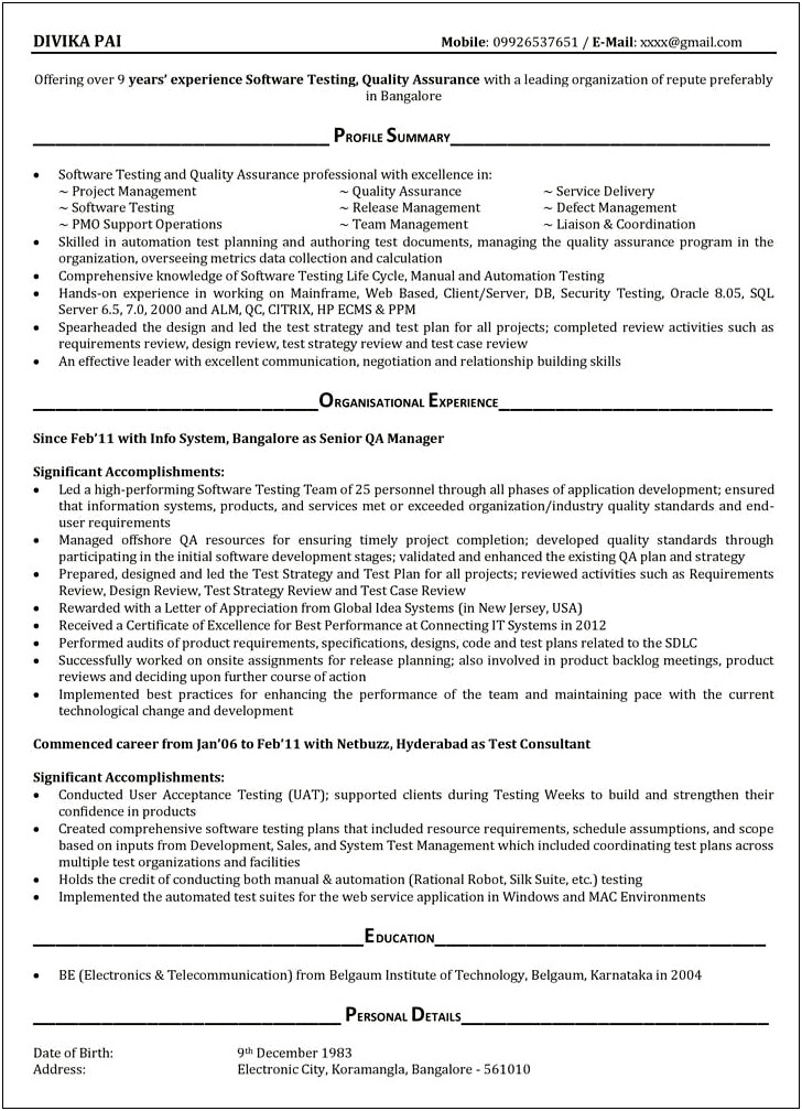 Test Engineer Job Description For Resume