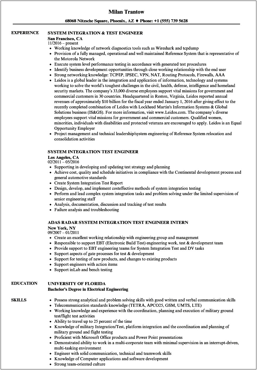 Test Technician Position Resume Objective Example