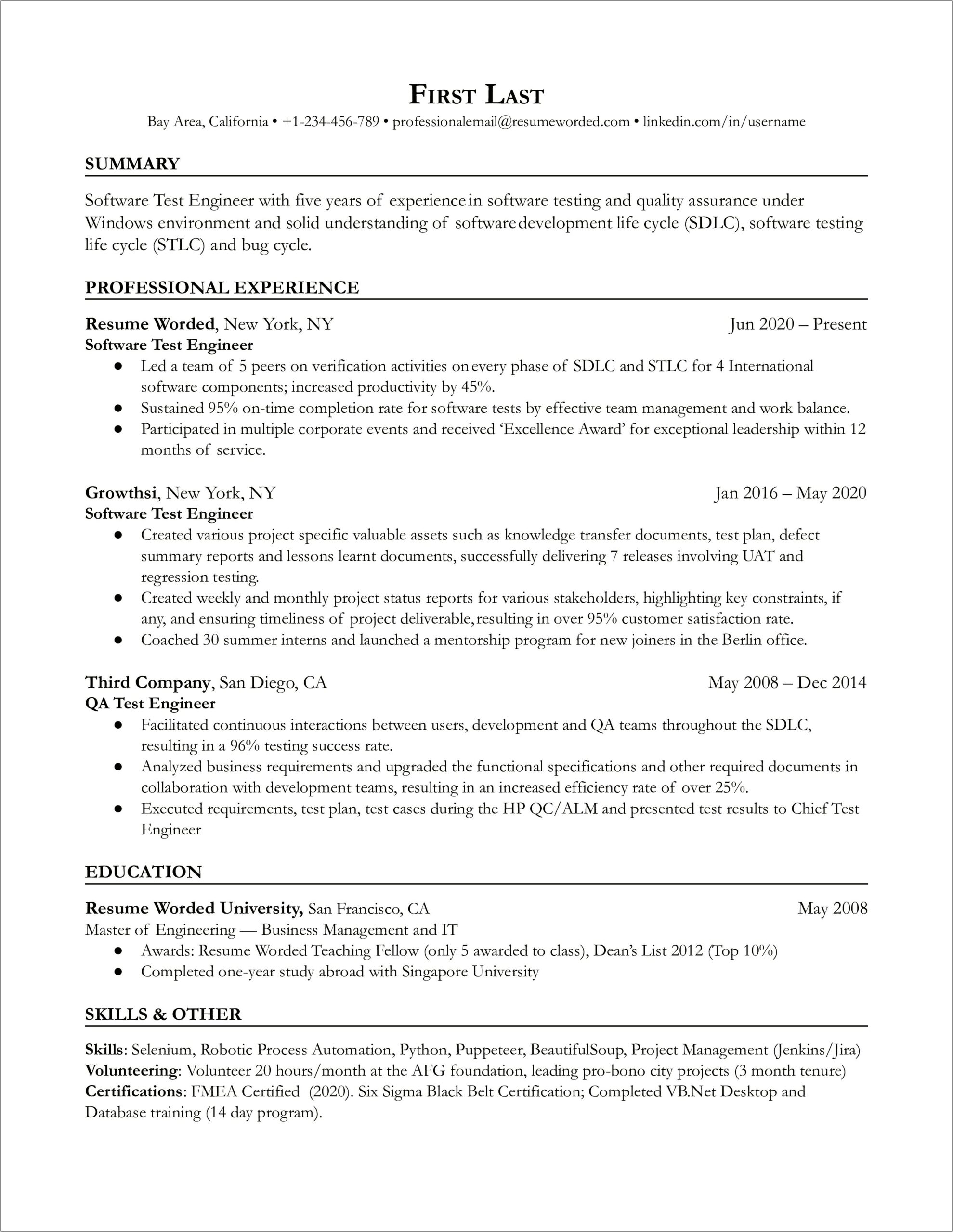 Testing Resume For 1 Year Experience