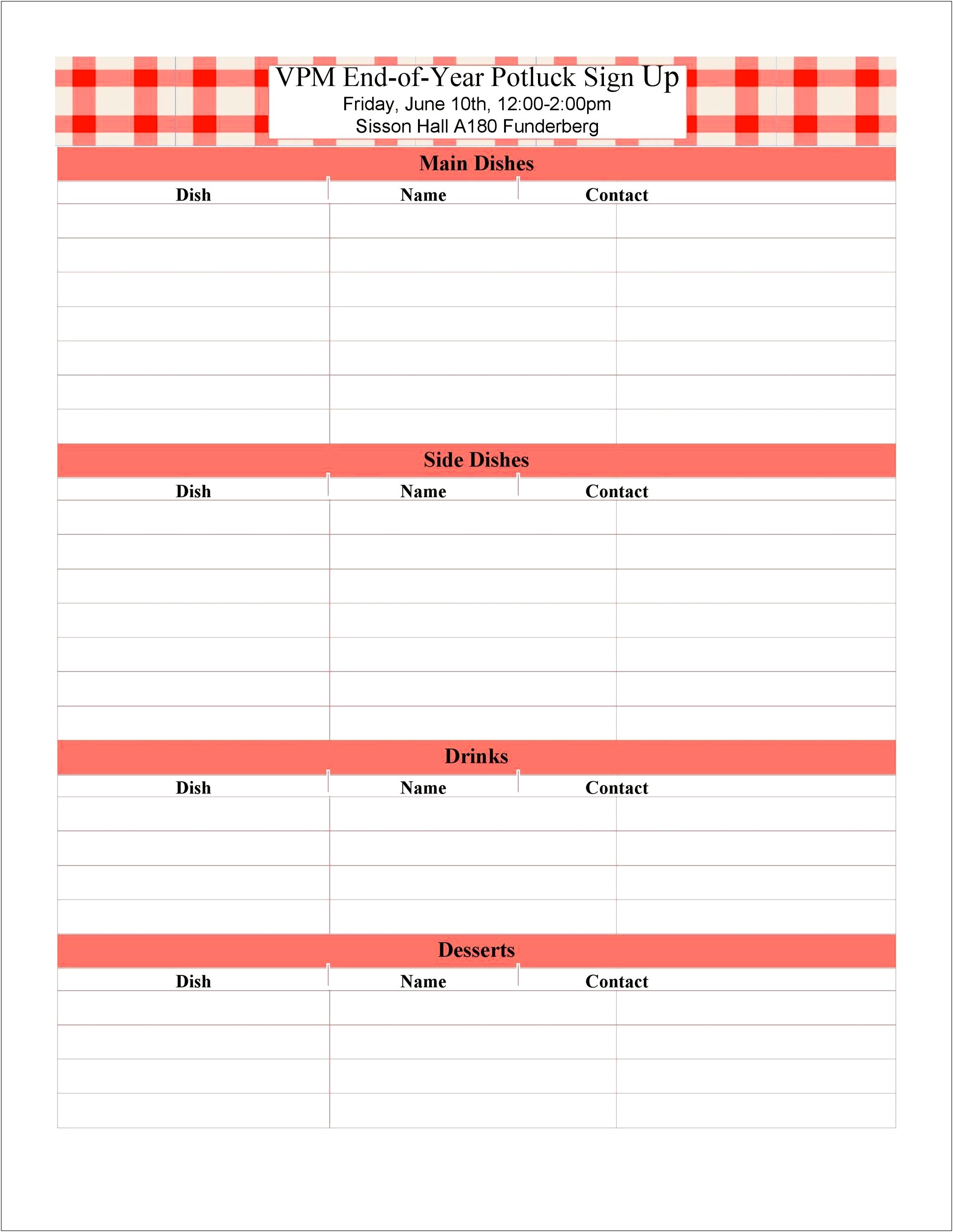 Thanksgiving Potluck Sign Up Sheet Free Template
