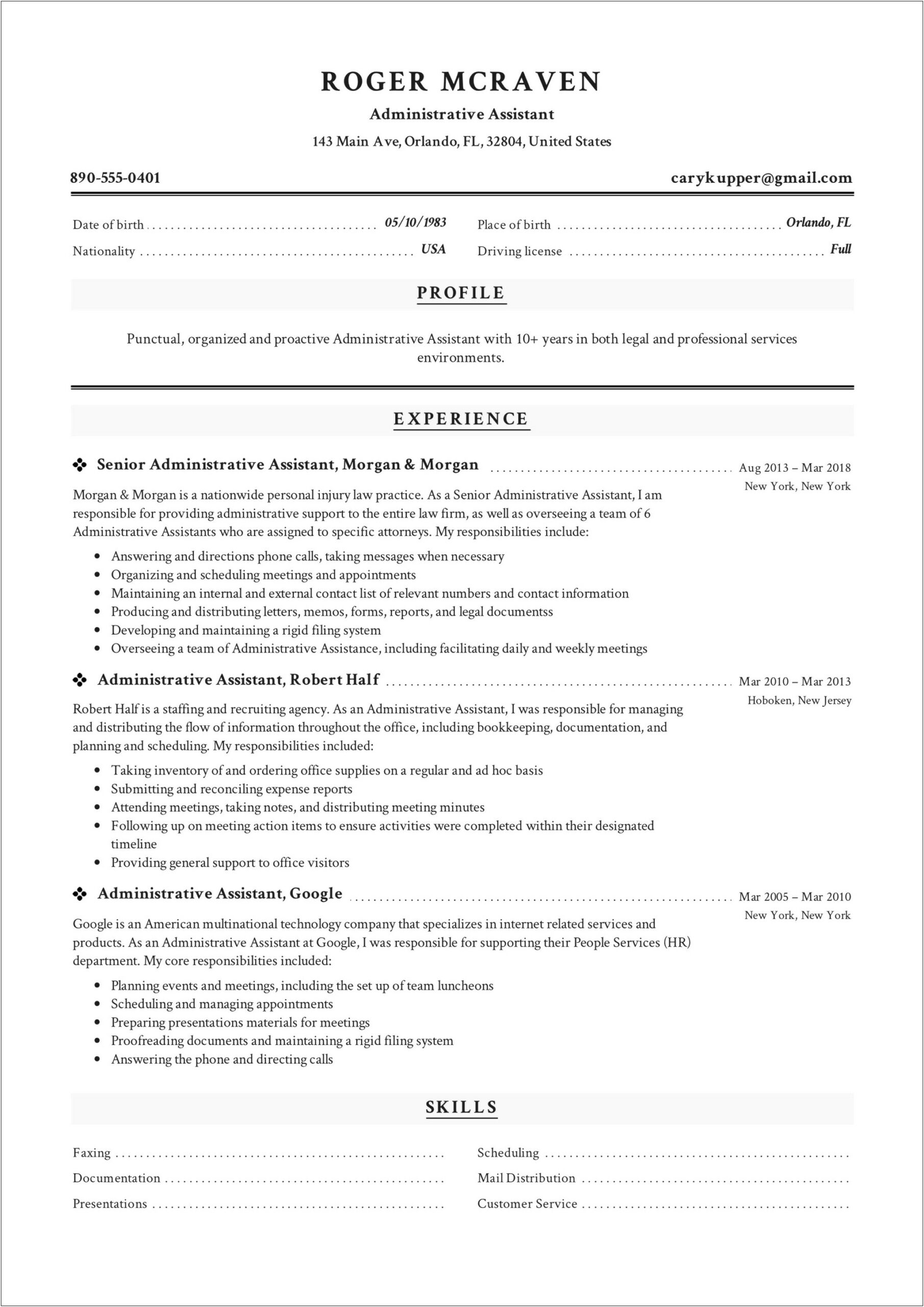 The Best Resume For Administrative Assistant