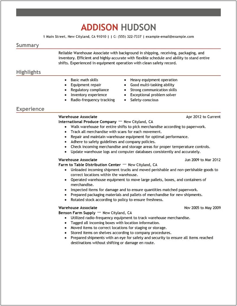 The Best Resume For Warehouse Worker