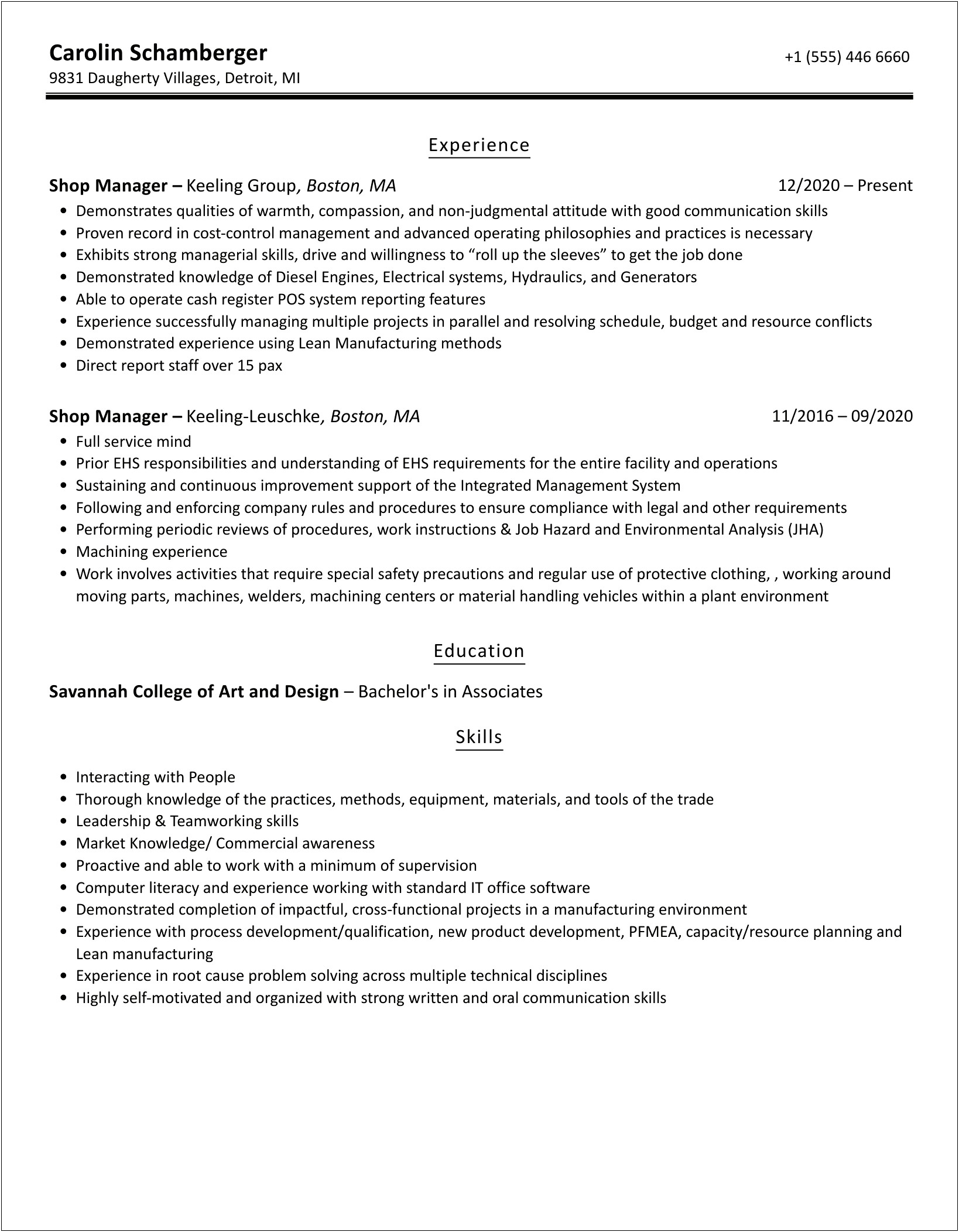 Theater Costume Shop Manager Resume Example