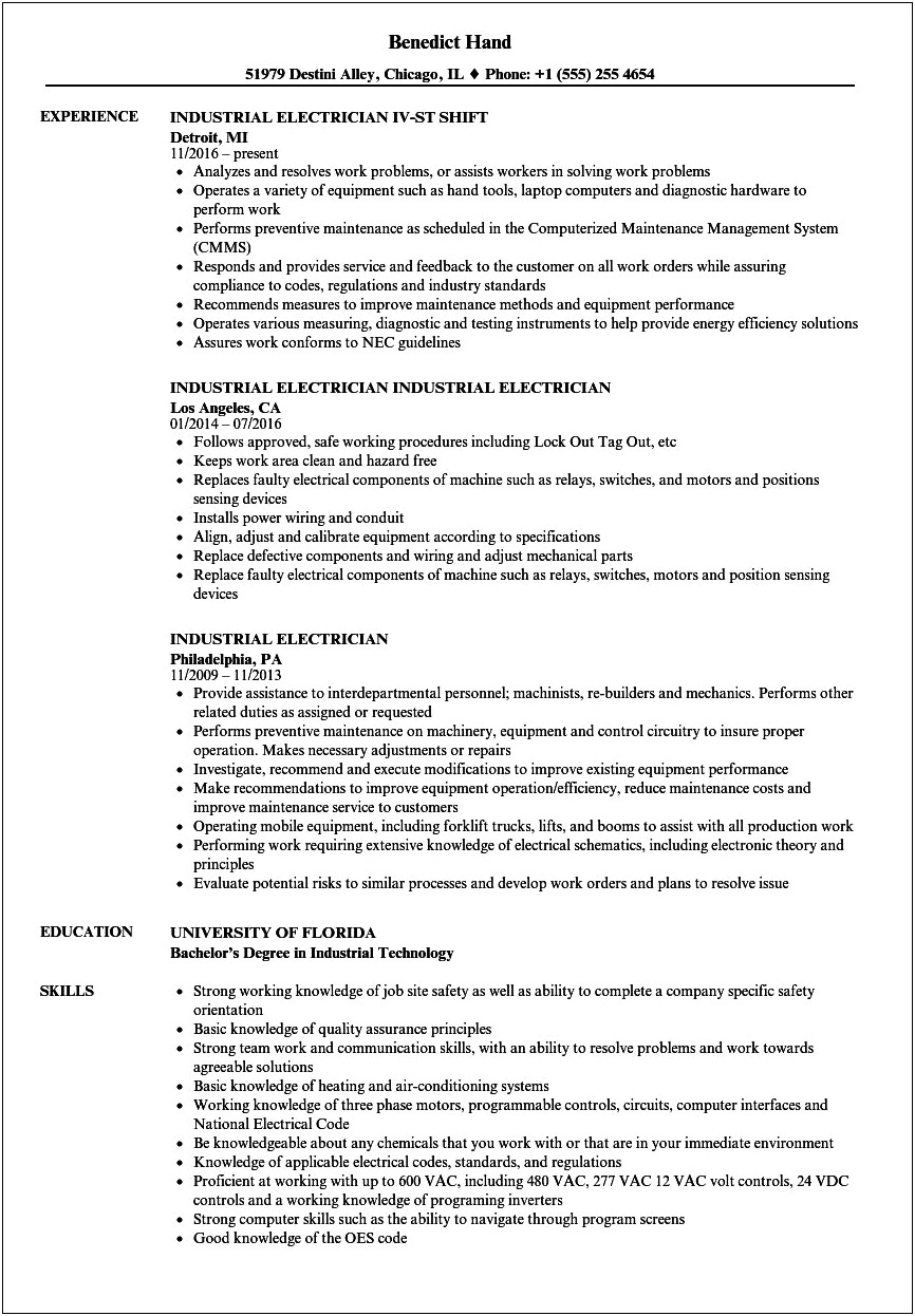 Things To Put On Industrial Electrician Resume