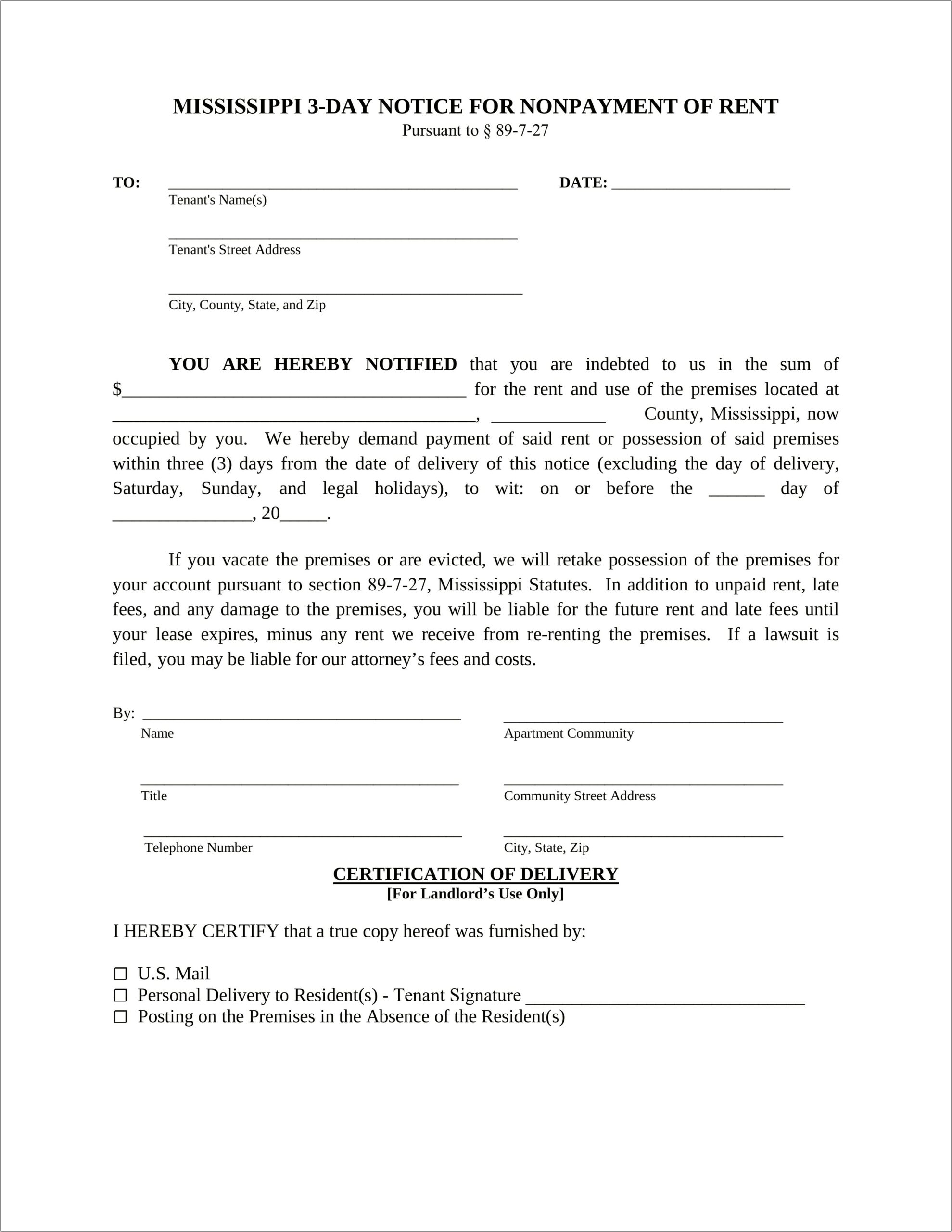 Three Day Eviction Notice Free Template Mississippi