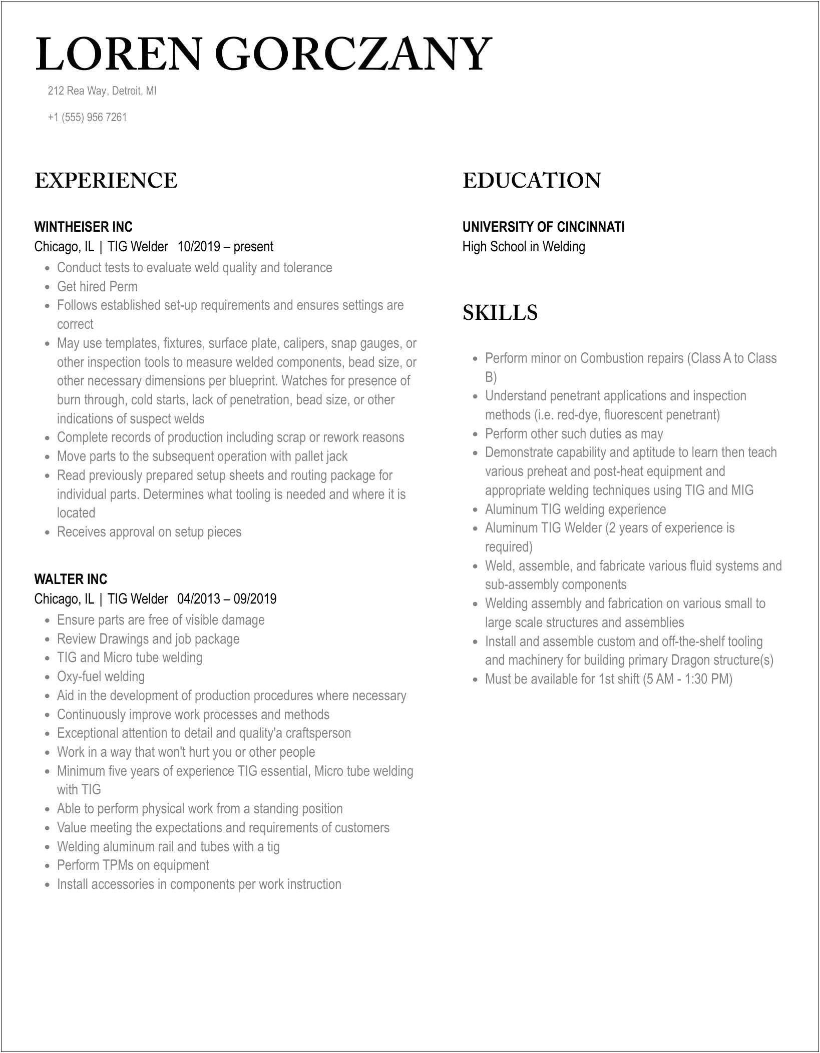 Tig Welder Job Description For Resume