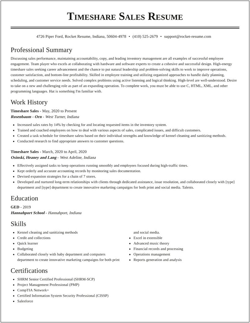 Timeshare Marketing Job Description For Resume