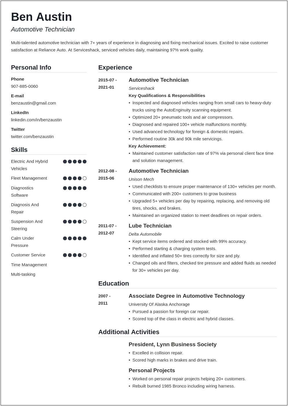 Tire Technician Job Description For Resume