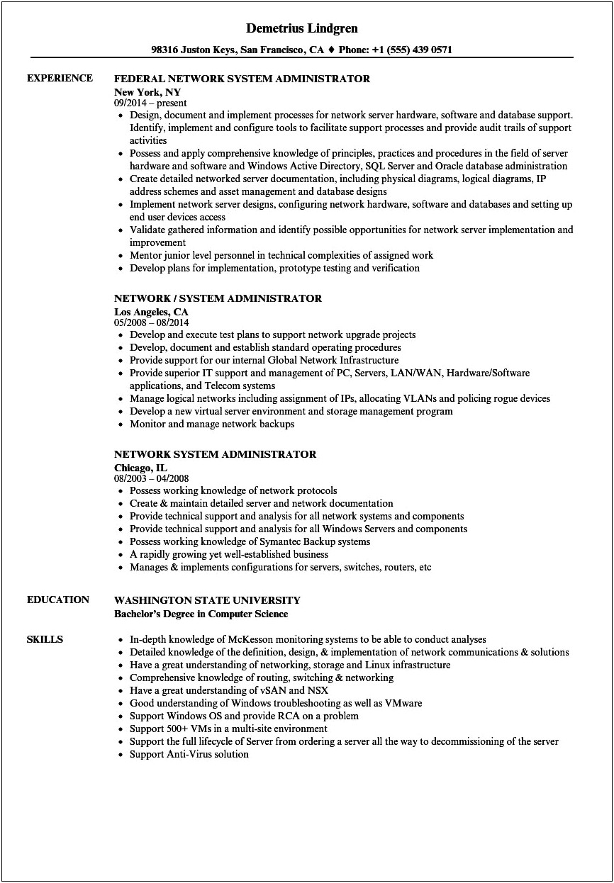 Top 3 Responsibility Of Network Administrator Resume Sample
