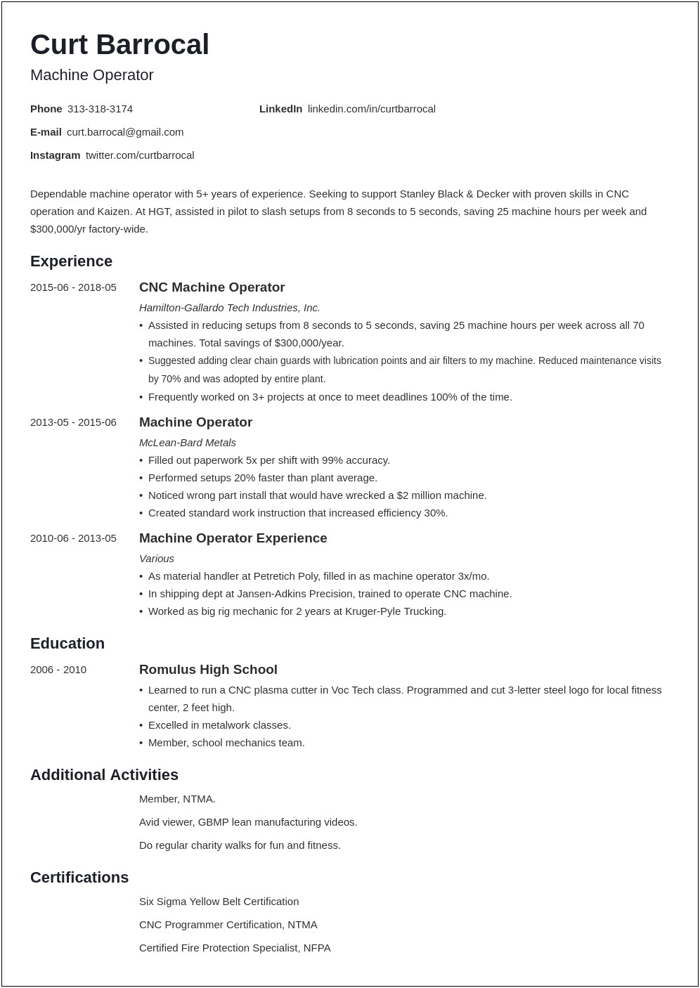 Tour Production Technician Job Description Resume