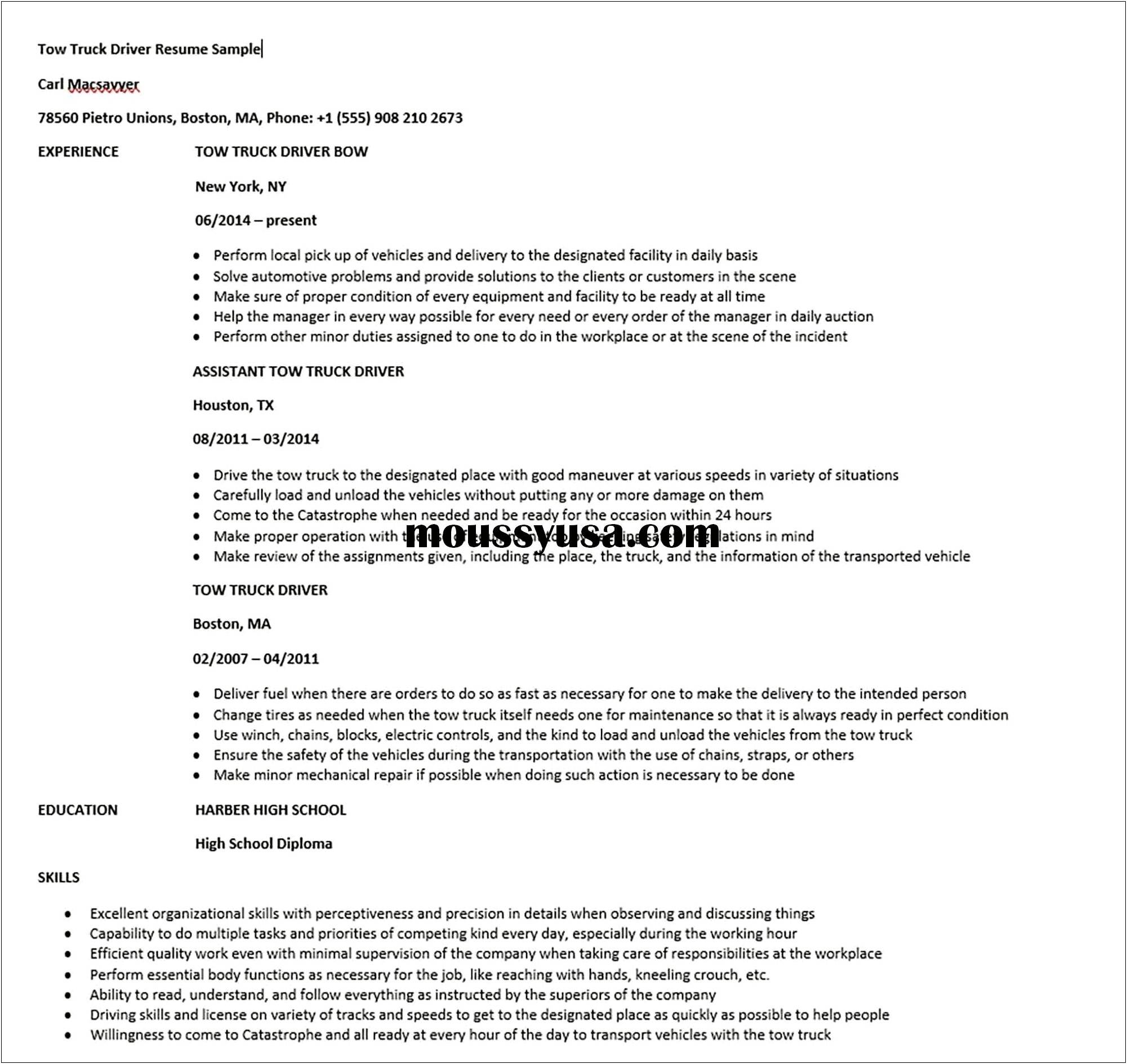 Tow Truck Driver Skills For Resume