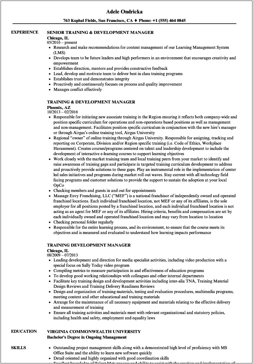 Training And Development Manager Resume Sample