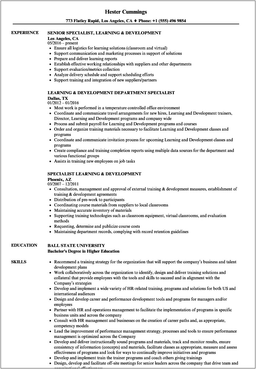 Training And Development Specialist Resume Sample