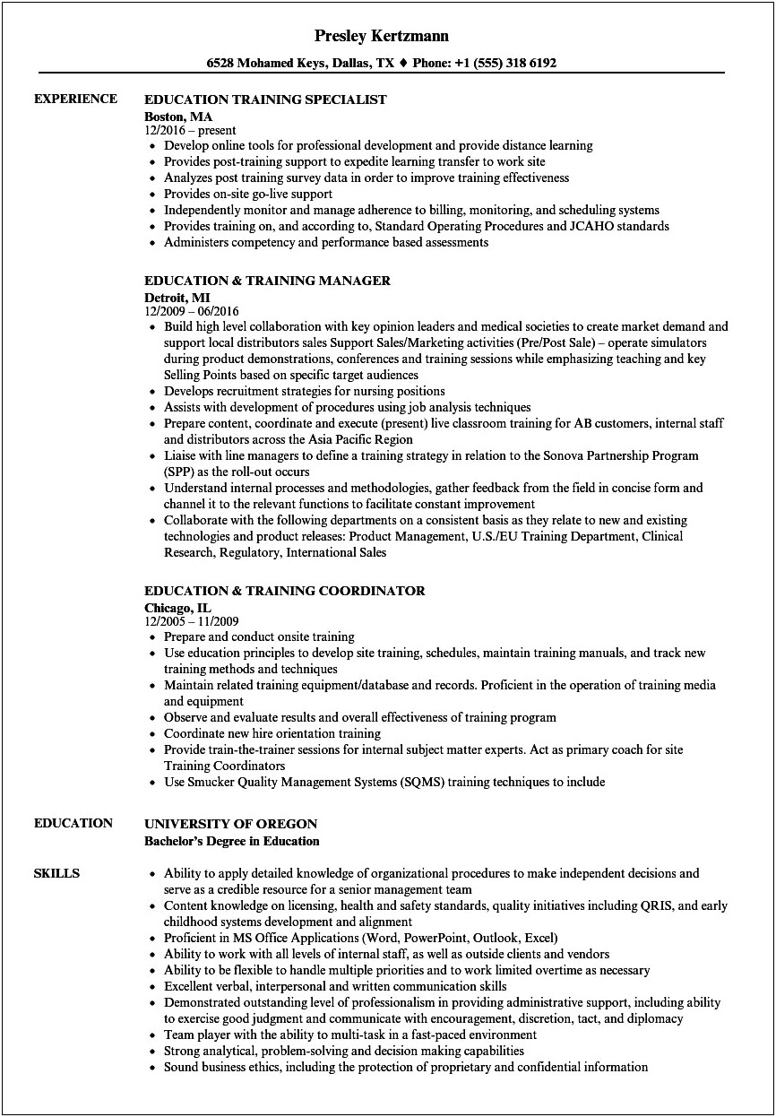 Training And Development Specialist Resume Samples