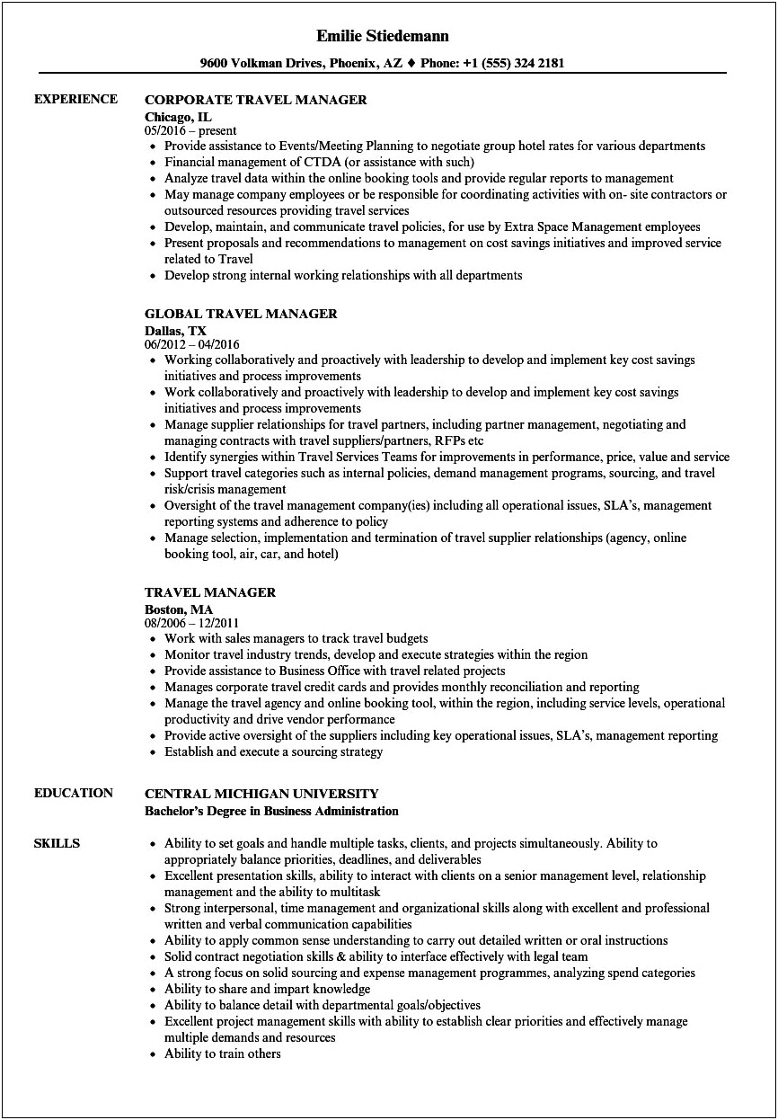 Travel Agency Manager Job Description For Resume