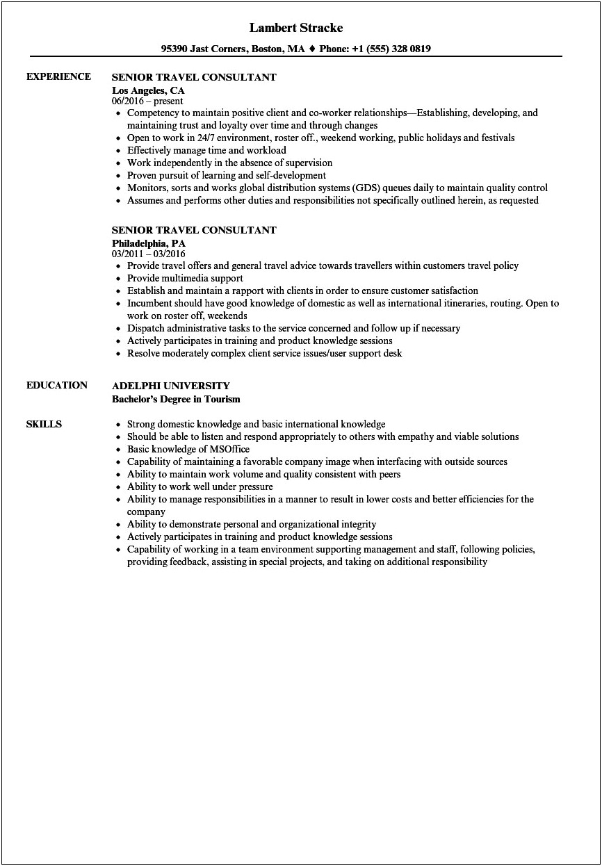 Travel Agent Objective On A Resume