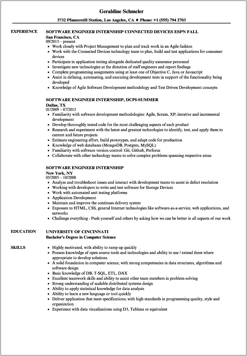 Undergeraduate Computer Science Summer Internship Objective Resume