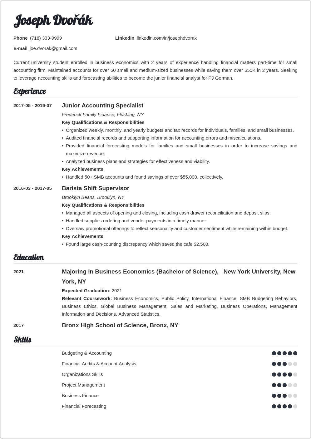 Undergraduate College Student Resume With No Work Experience