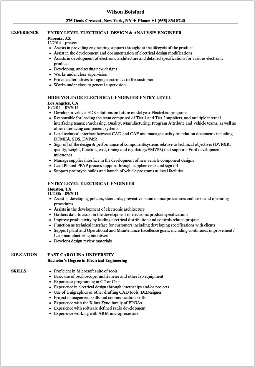 Undergraduate Electrical Engineering Student Sample Resume