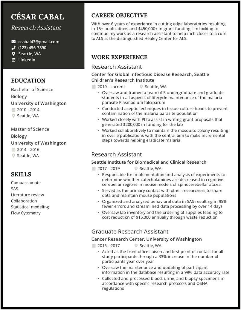 Undergraduate Research Assistant Overview Resume Sample