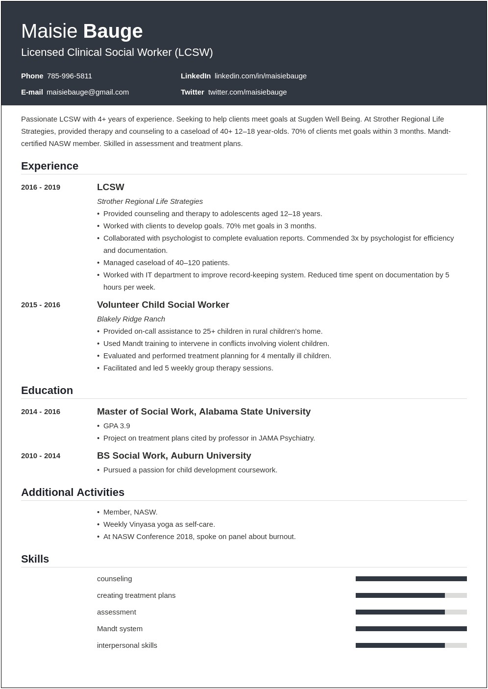 Undergraduate Social Work Student Internship Resume