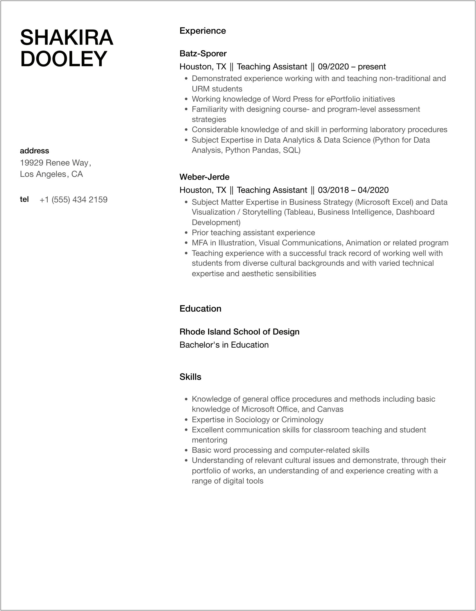 Undergraduate Teaching Assistant Job Description Resume