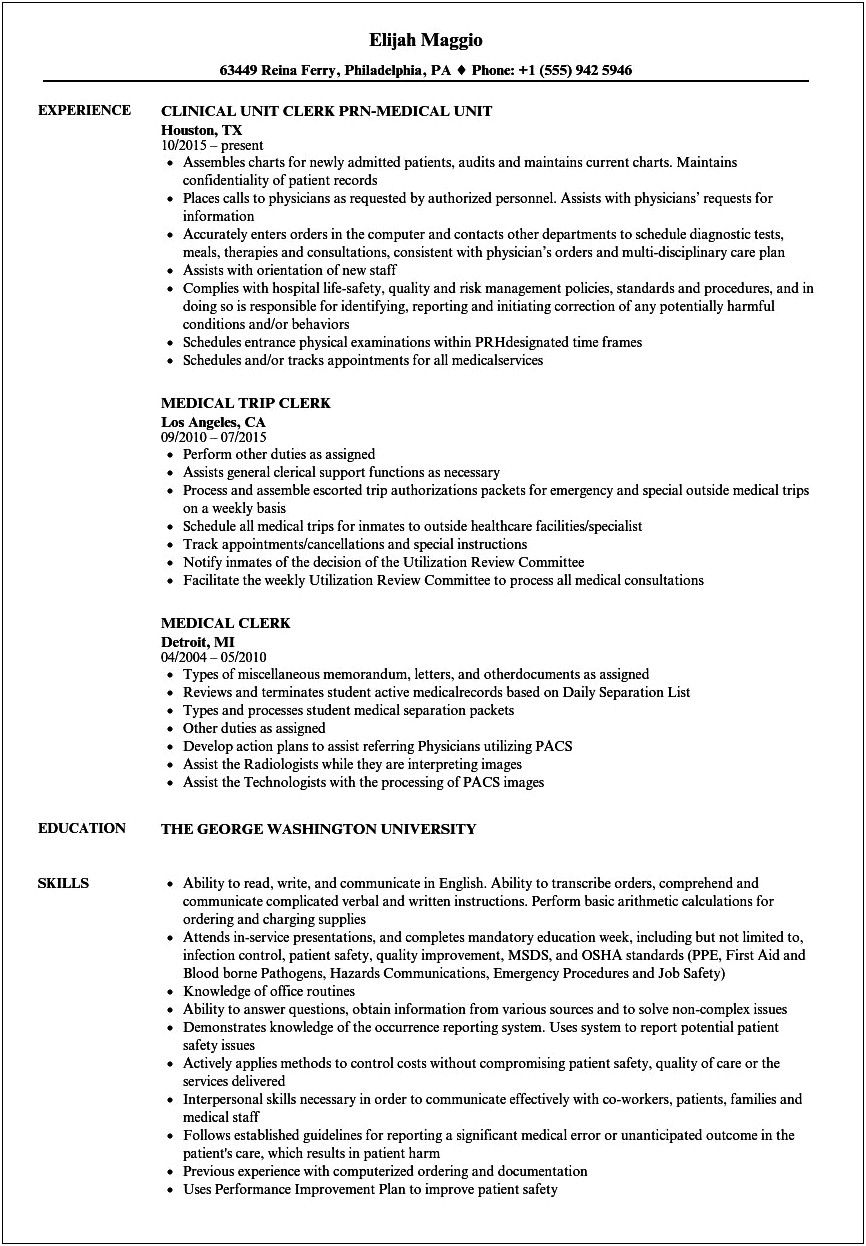 Unit Clerk Job Description For Resume