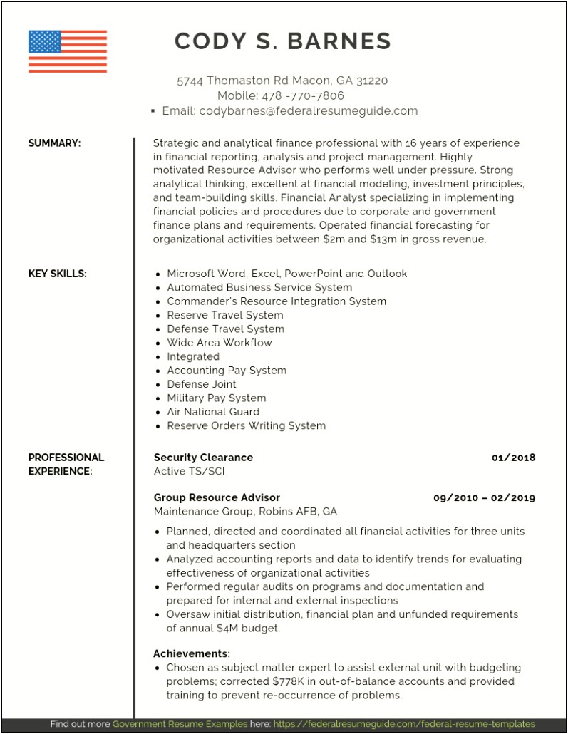United States Army Experience Resume Sample