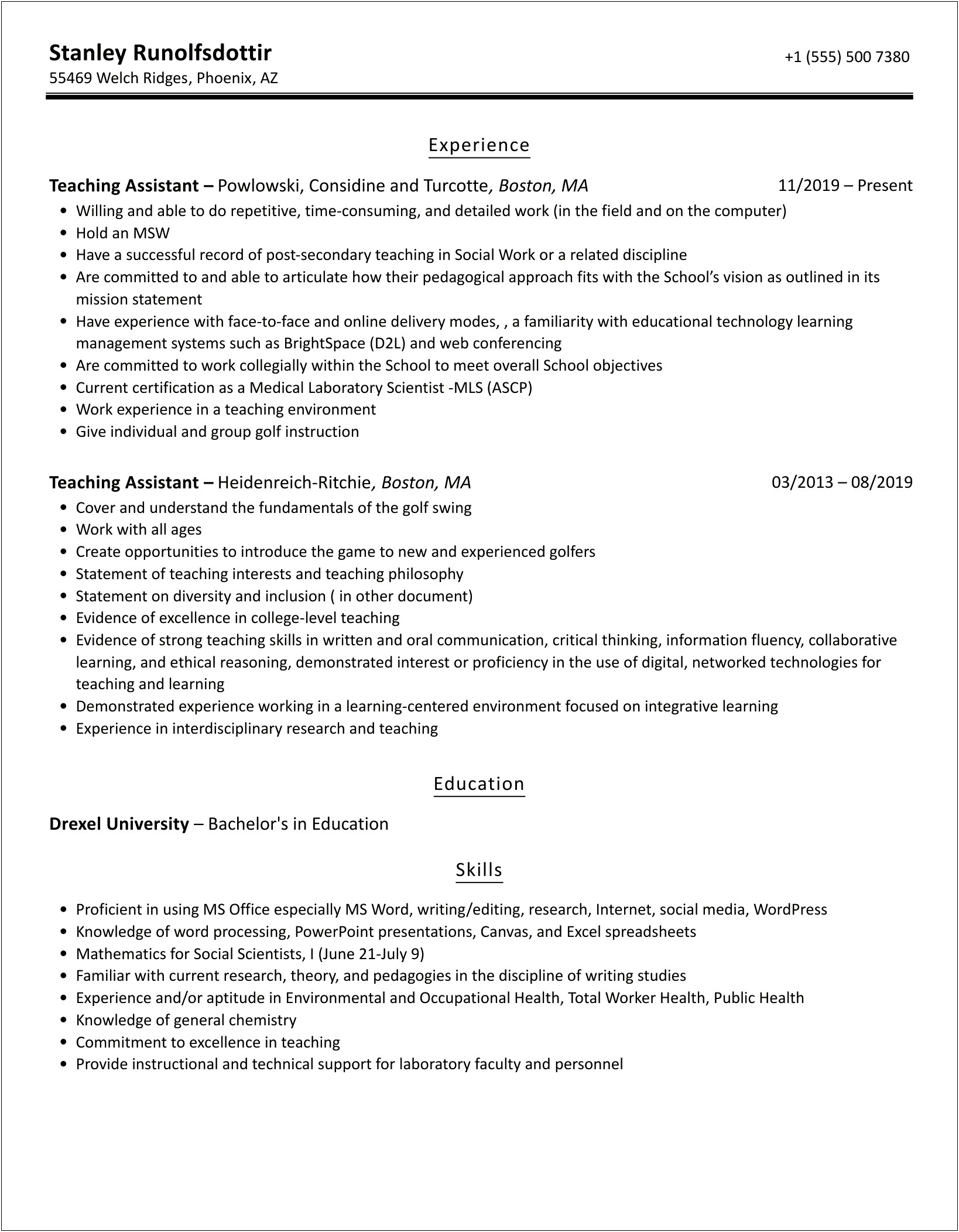 University Teaching Assistant Job Description Resume