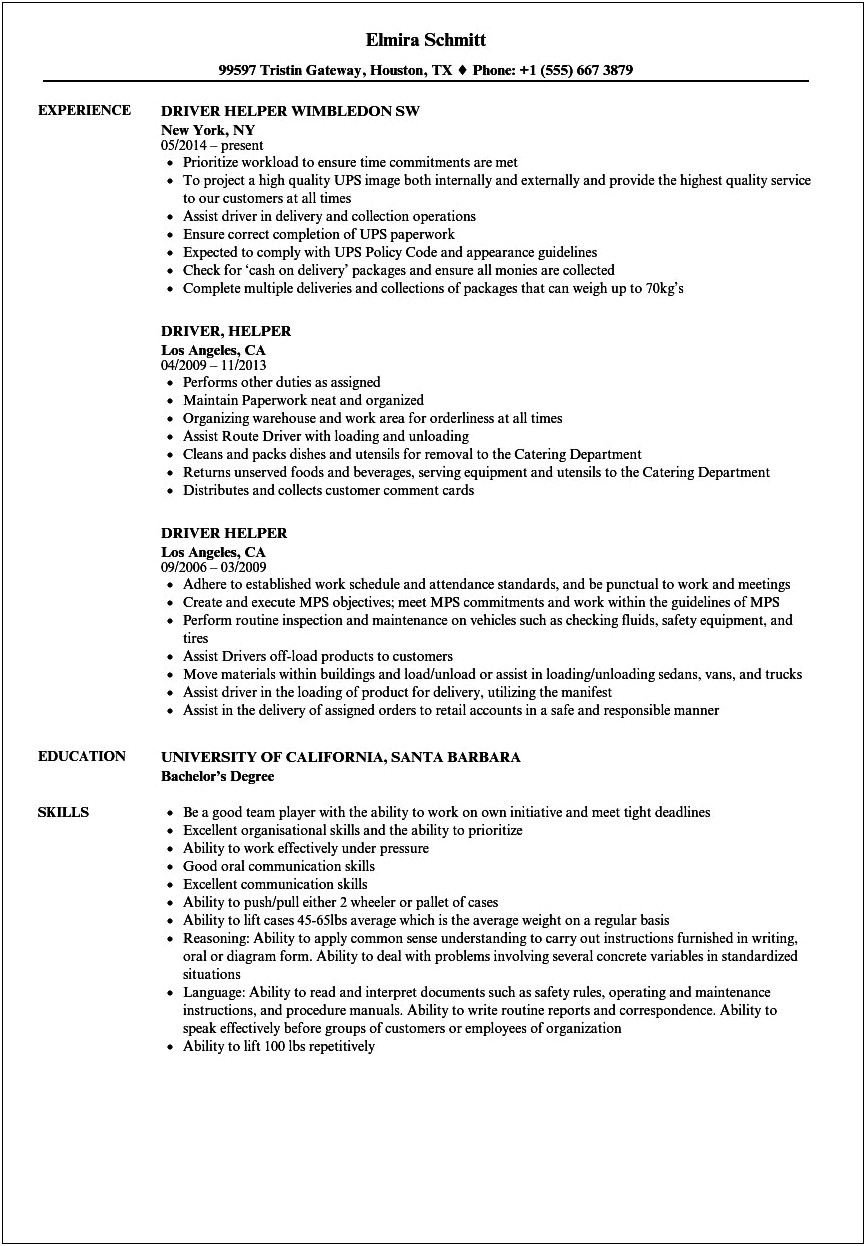 Ups Seasonal Helper Job Description Resume