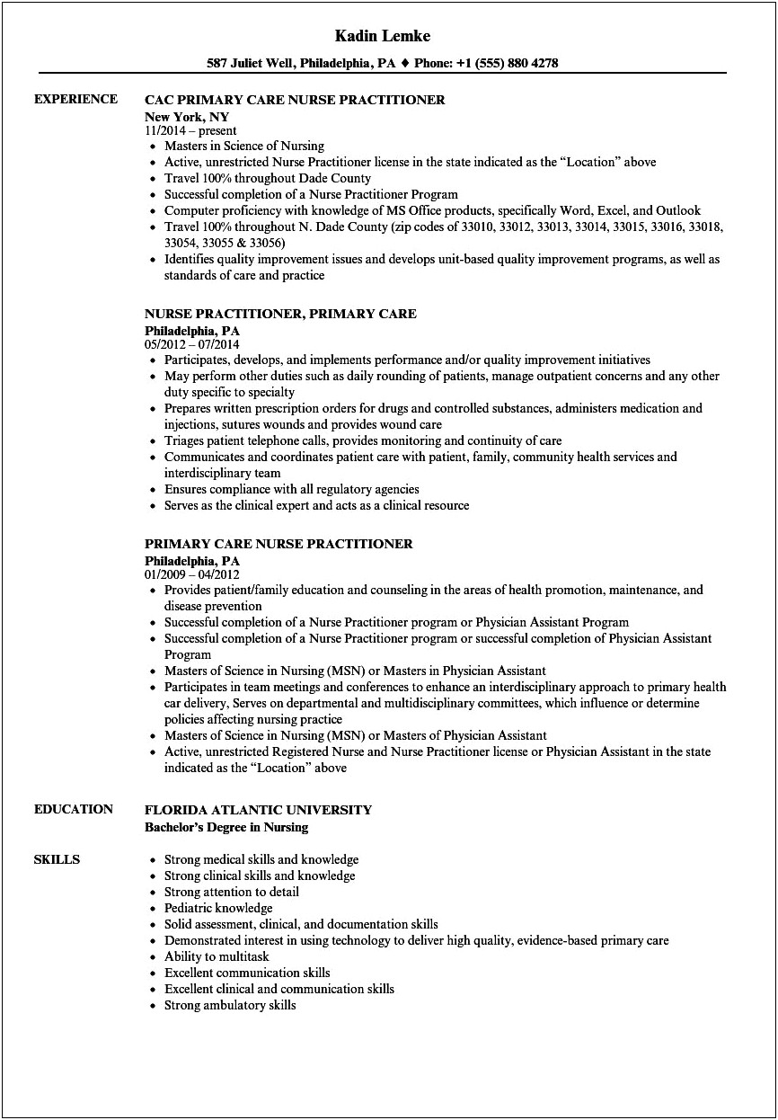 Urgent Care Nurse Practitioner Job Description For Resume