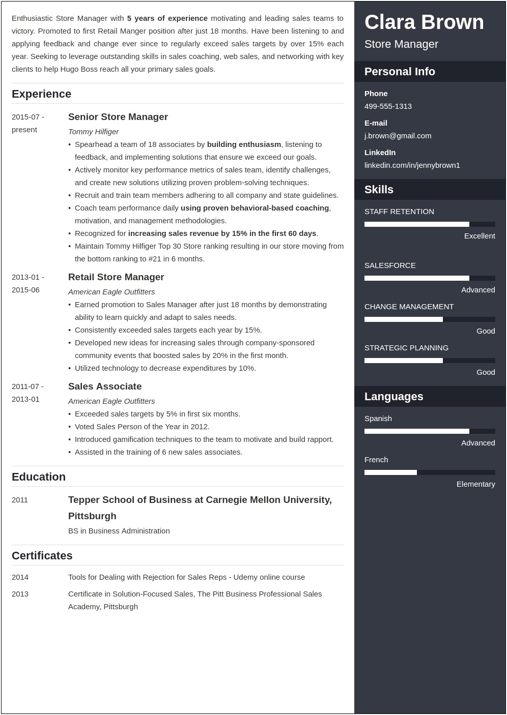 Uscale Retail Store Deartment Manager Resume