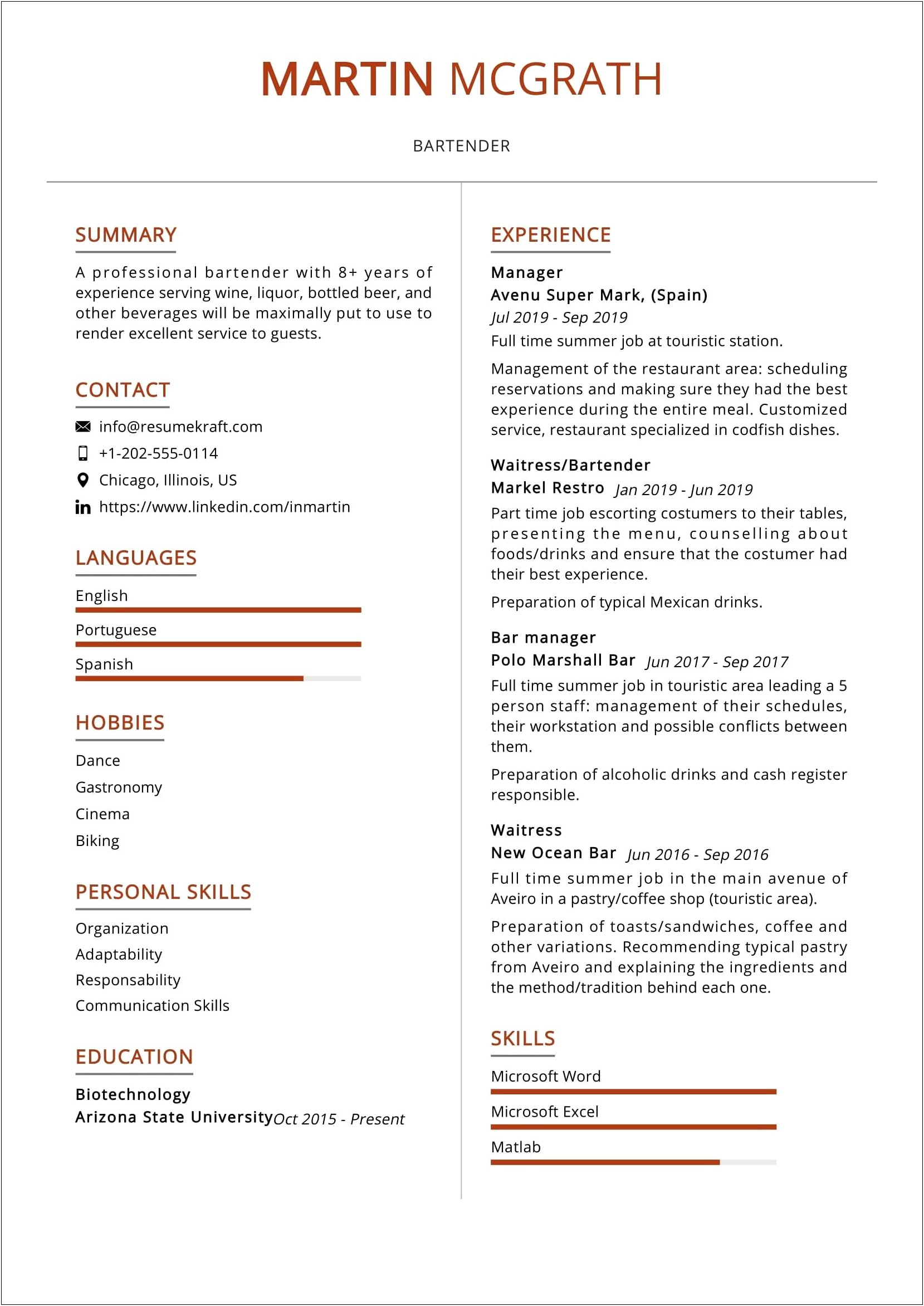 Use Bartender Experience For Different Resume