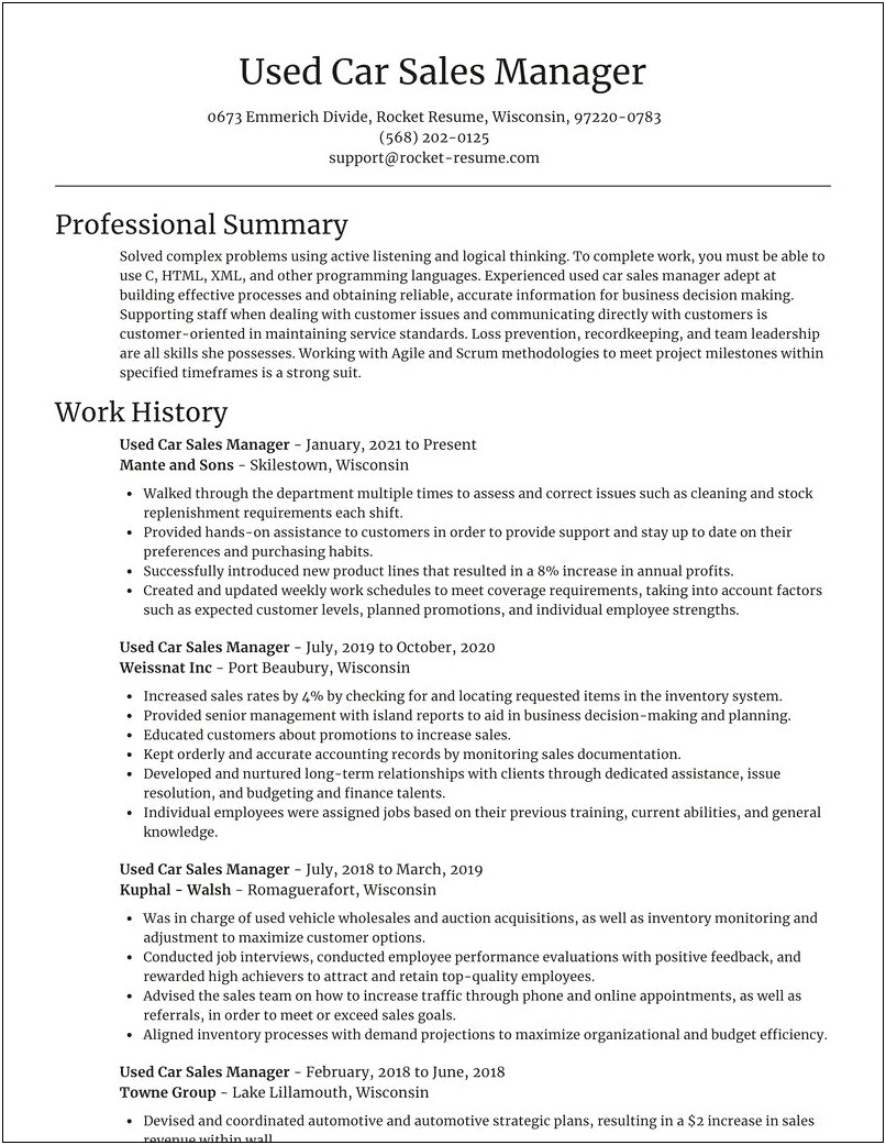 Used Car Sales Manager Resume Sample