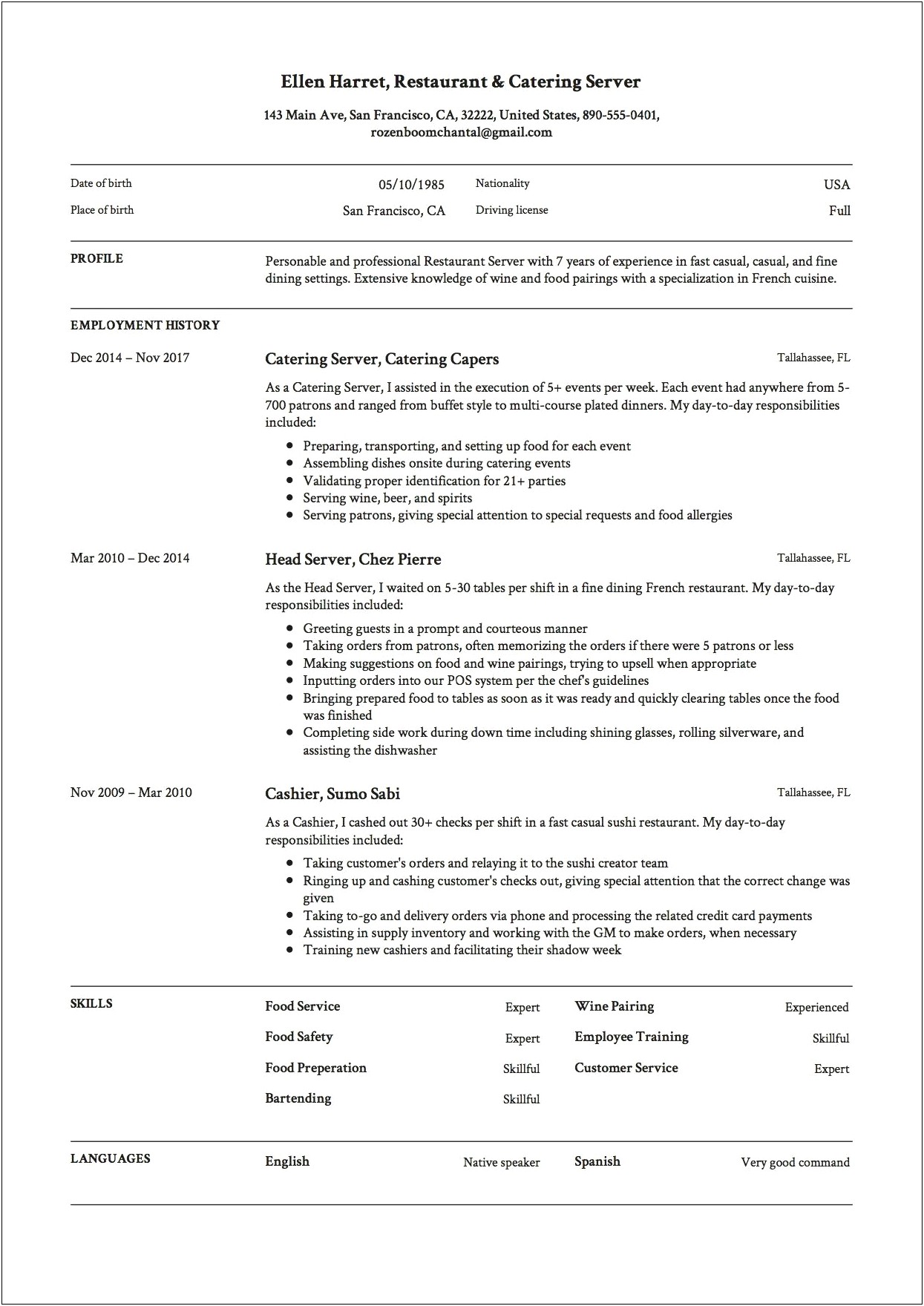 Using Server Experience On Resume In New Job