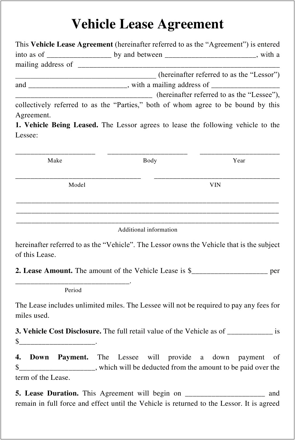 Vehicle Lease To Own Agreement Template Free