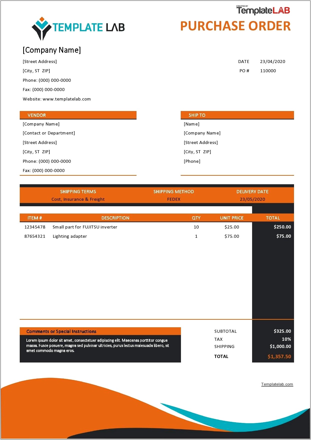 Vehicle Parts Purchase Order Form Free Template