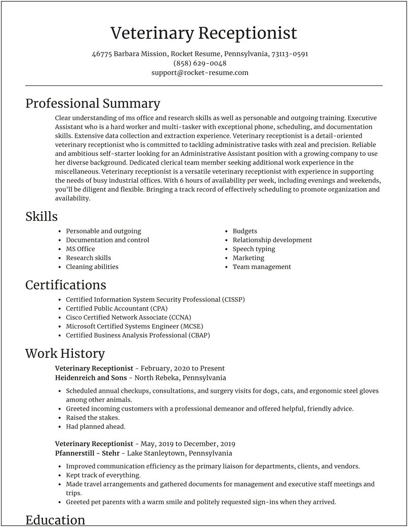Vet Receptionist Job Description For Resume