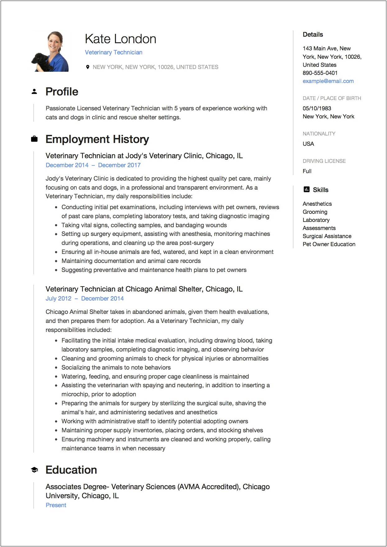 Vet Tech Assistant Resume Summary Example