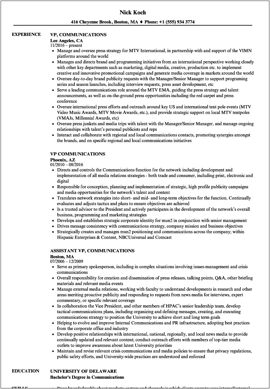 Vice President Of Communications Resume Examples