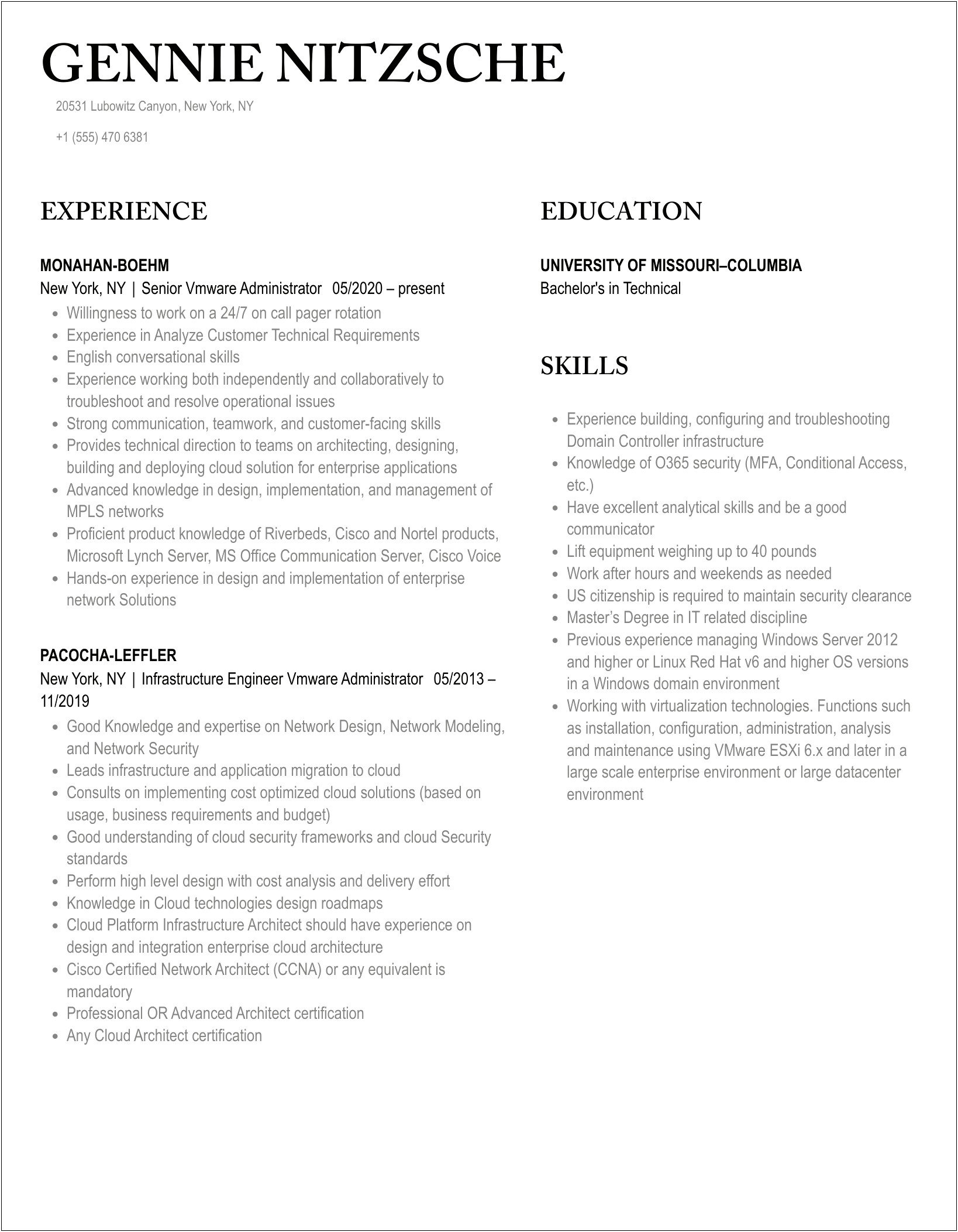 Vmware Resume For 8 Years Experience