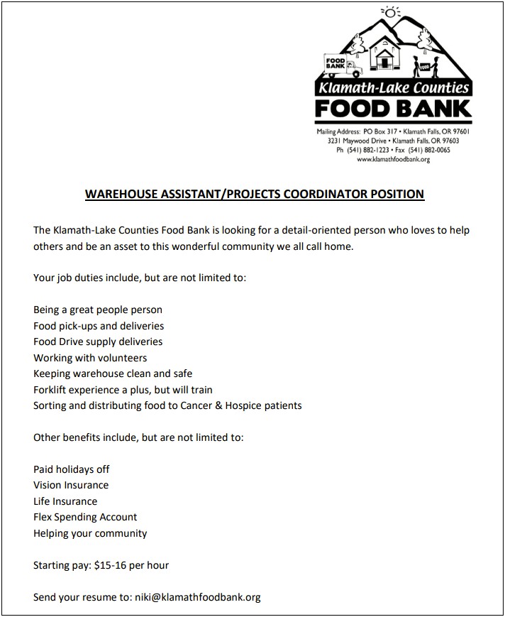 Volunteer Experience On Food Bank Resume