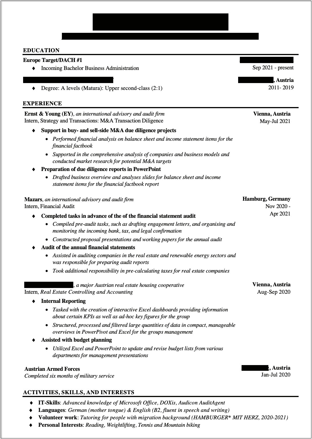 Wall Street Oasis Private Equity Resume Template