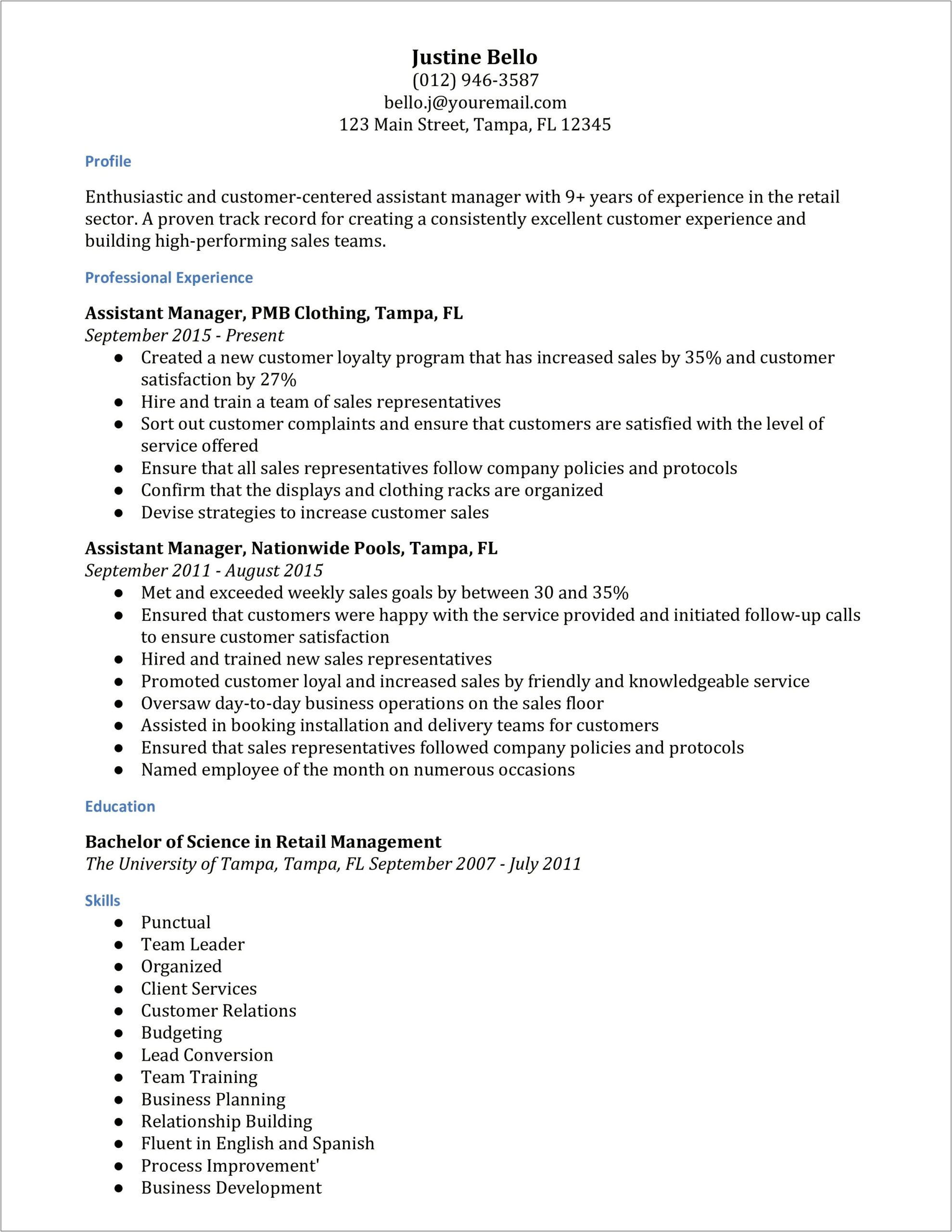 Walmart Assistant Store Manager Job Description Resume