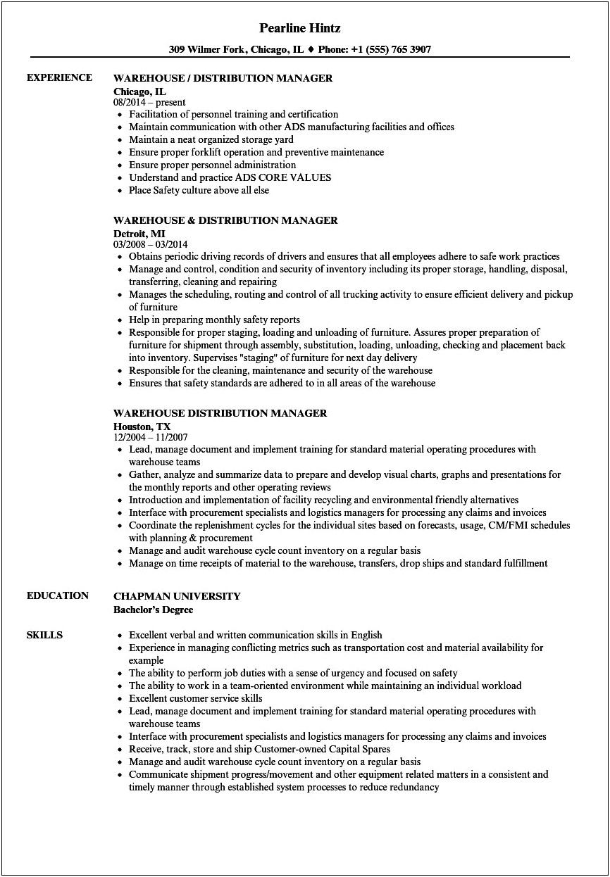 Warehouse And Distribution Manager Objectives For Resume