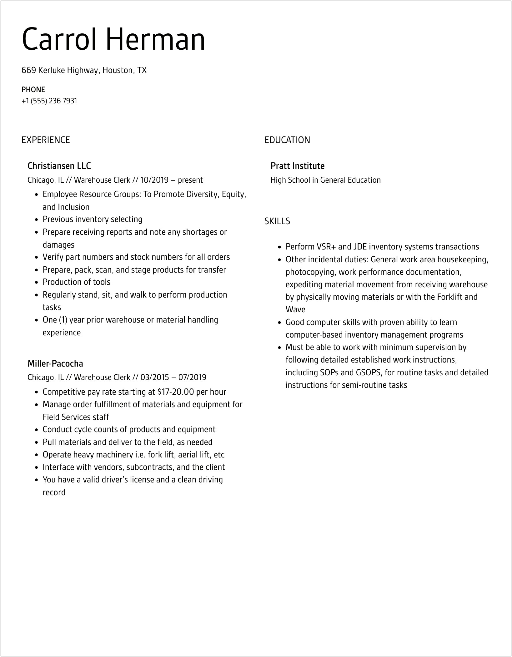 Warehouse Clerk Job Description For Resume