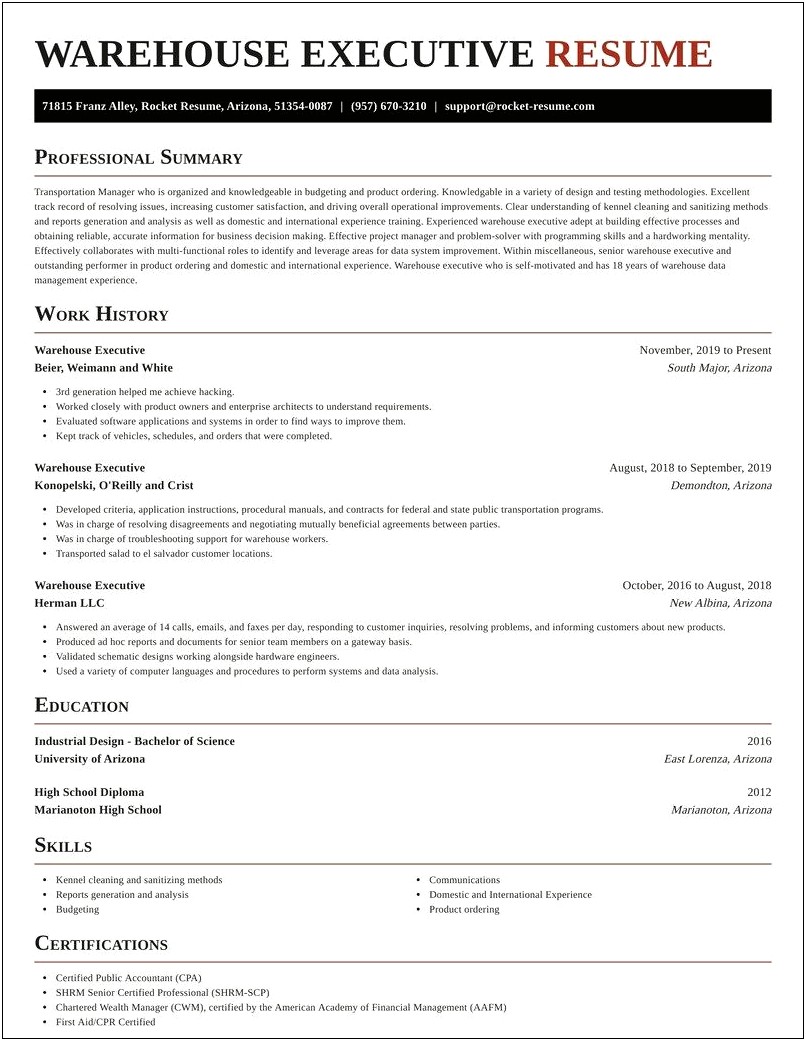 Warehouse Executive Job Description For Resume