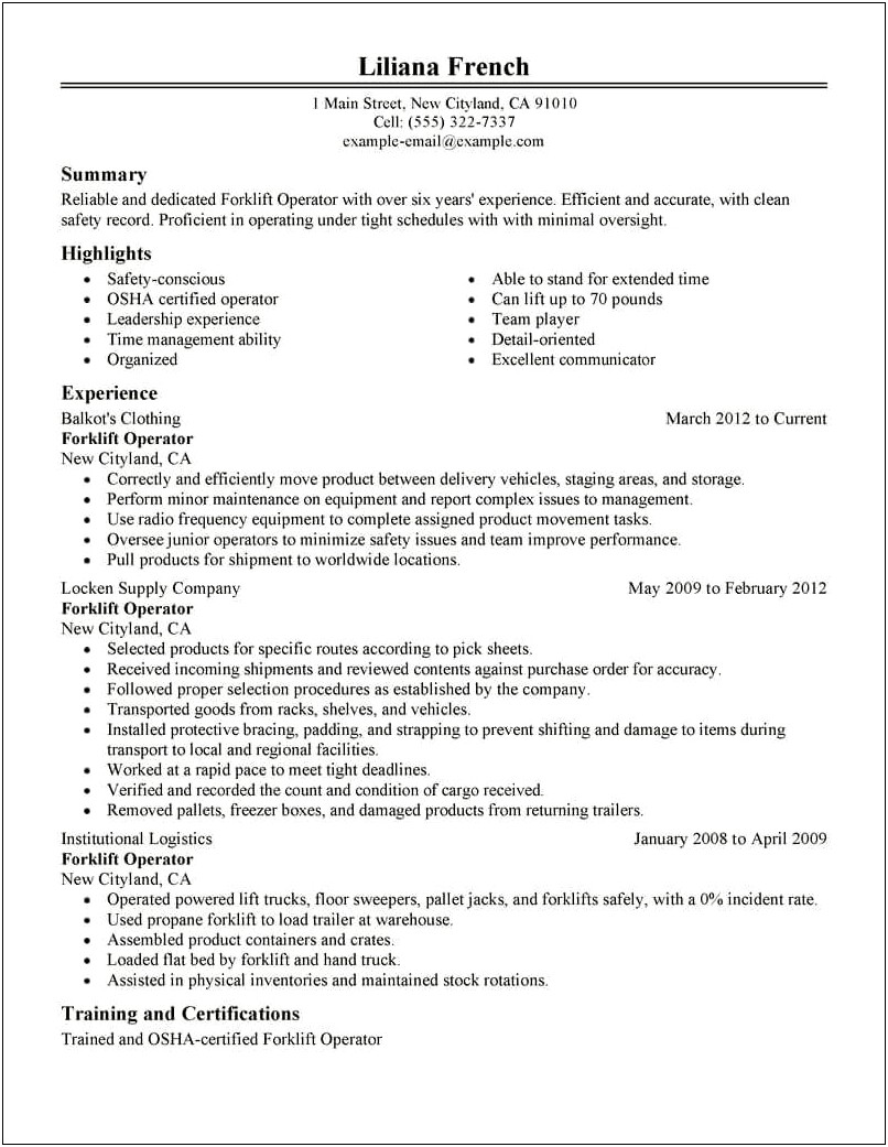 Warehouse Forklift Operator Job Description For Resume