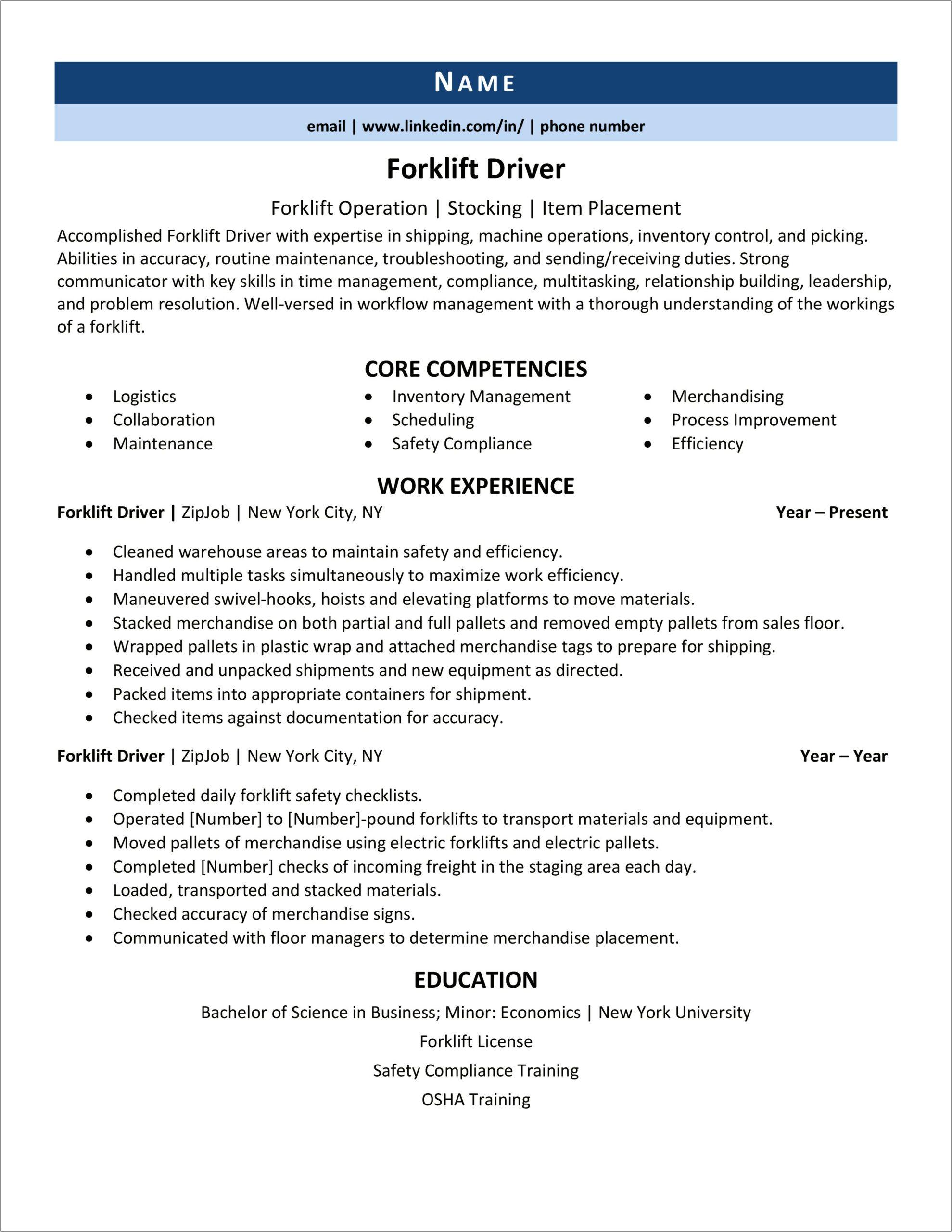 Warehouse Forklift Operator Job Description Resume