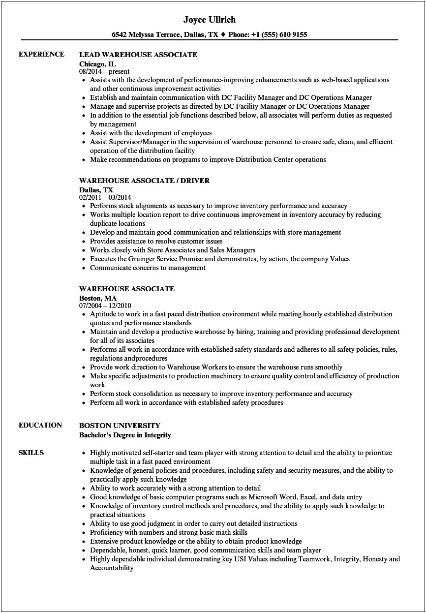 Warehouse General Labor Job Description For Resume